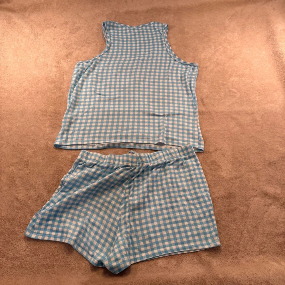 KIKIT Gingham Pajama Set Blue White Henley Tank Shorts Loungewear Sz XL